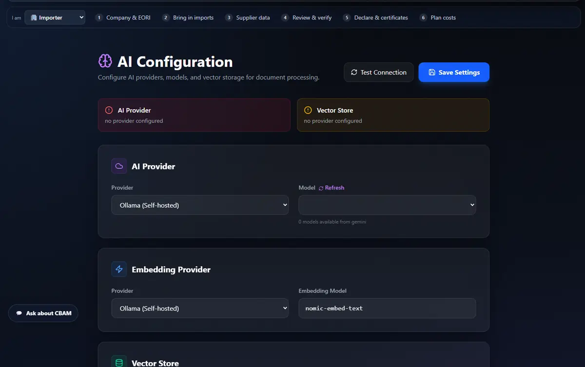 AI Configuration: provider, embeddings, vector store