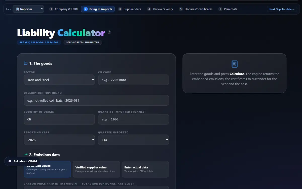Liability calculator: goods, then emissions data source