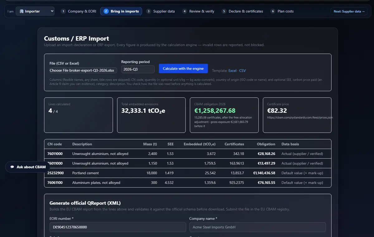 Customs import result: four lines calculated, totals and data basis per row