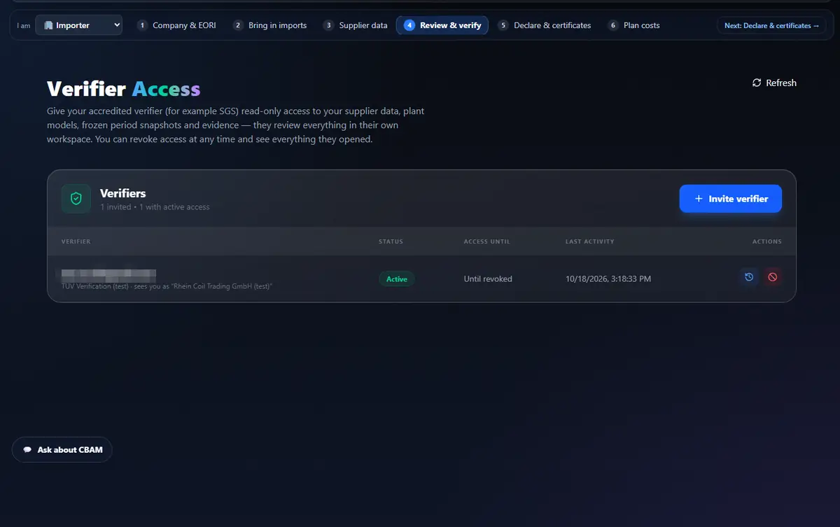 The client’s Verifier Access page with an active grant