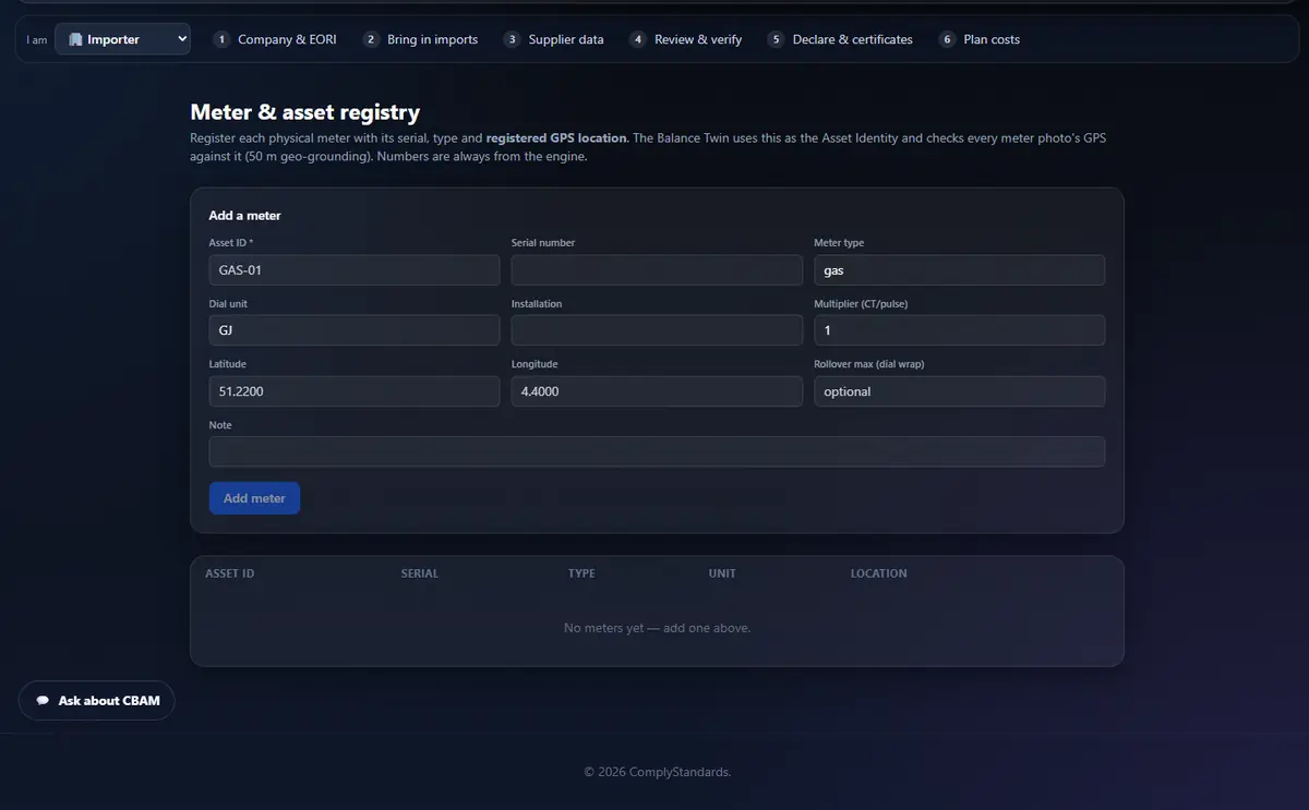 Meter & asset registry: add a meter with its registered GPS location