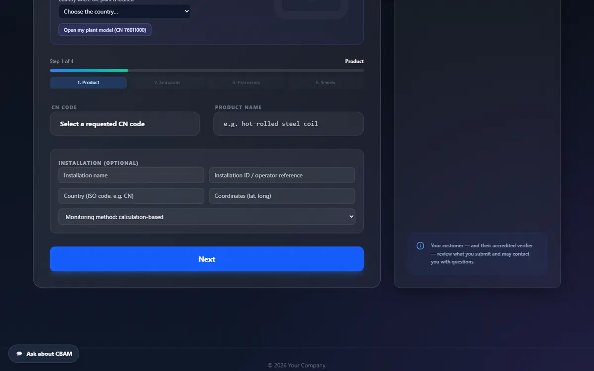 Step 1 of 4: requested CN code, product name and optional installation details