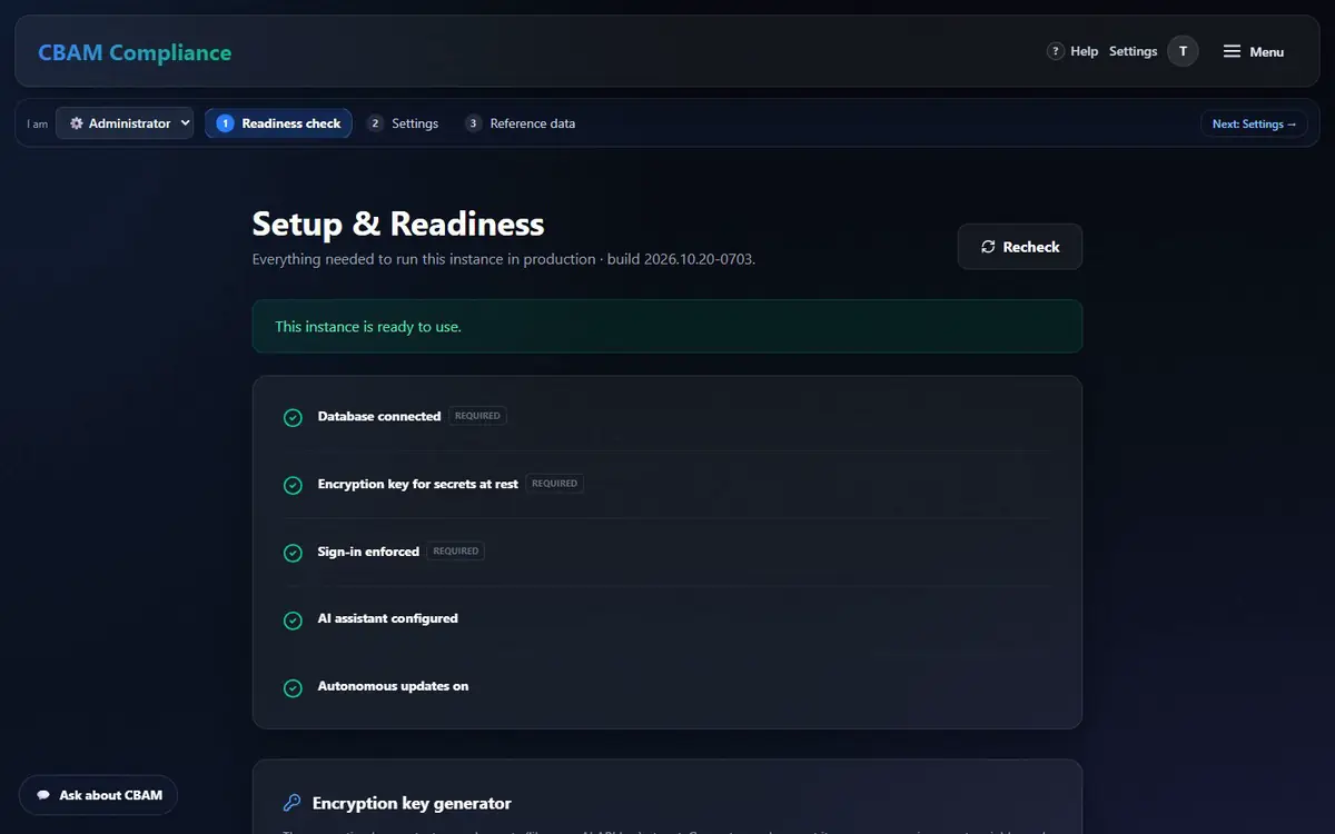 Setup & Readiness: instance ready, checks and the encryption key generator