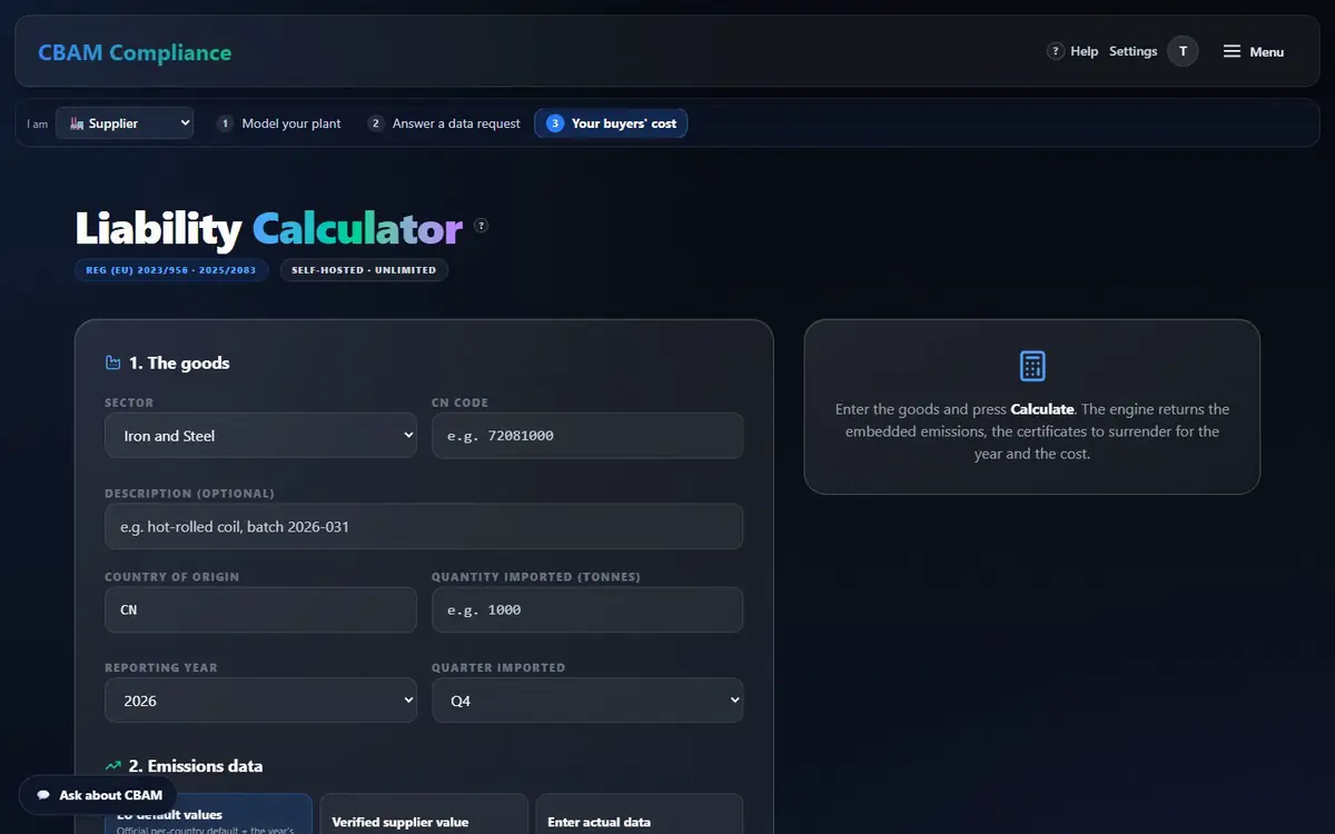 Liability calculator for a batch: goods, then emissions data