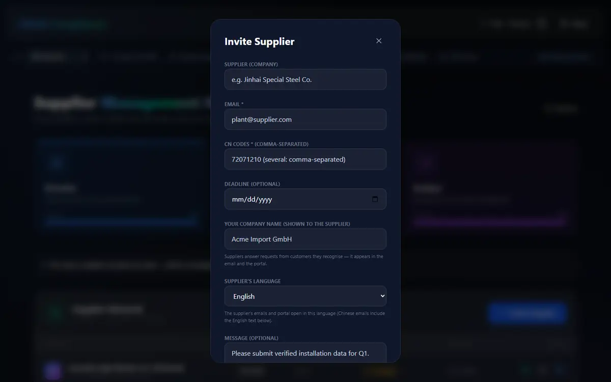 Invite Supplier form with CN codes, deadline, company name and language
