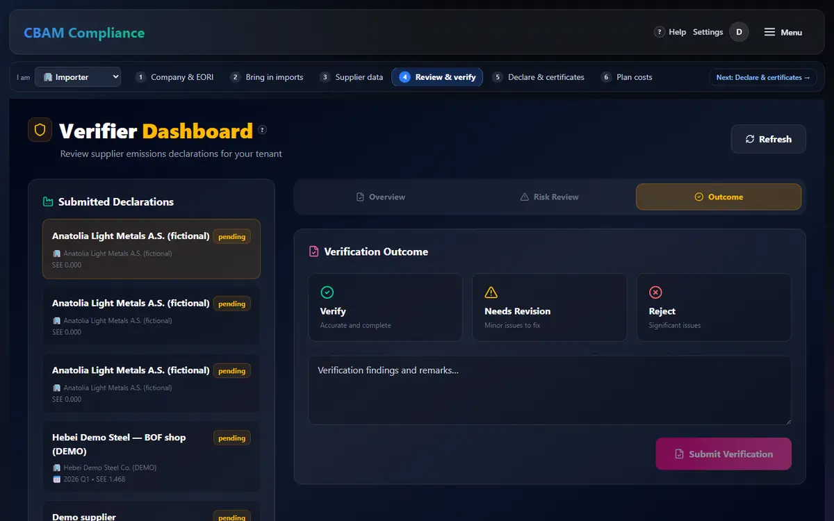 Verifier dashboard: submitted declarations and the Outcome tab